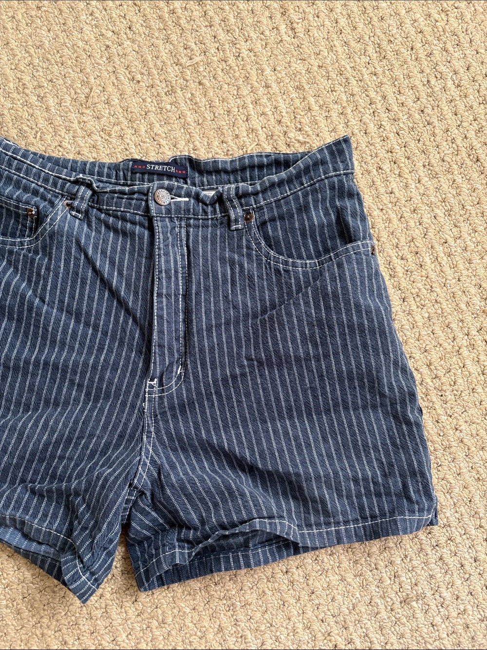 Vintage 80s Bill Blass Pinstripe Denim Stretch Shorts - Picture 2 of 4